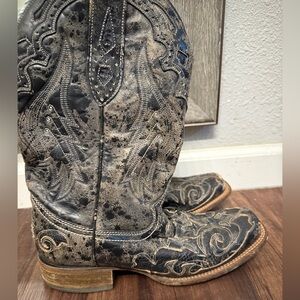 WOMEN'S BLACK EMBROIDERY SNAKE INLAY SQUARE TOE COWBOY BOOT 8.5M great con